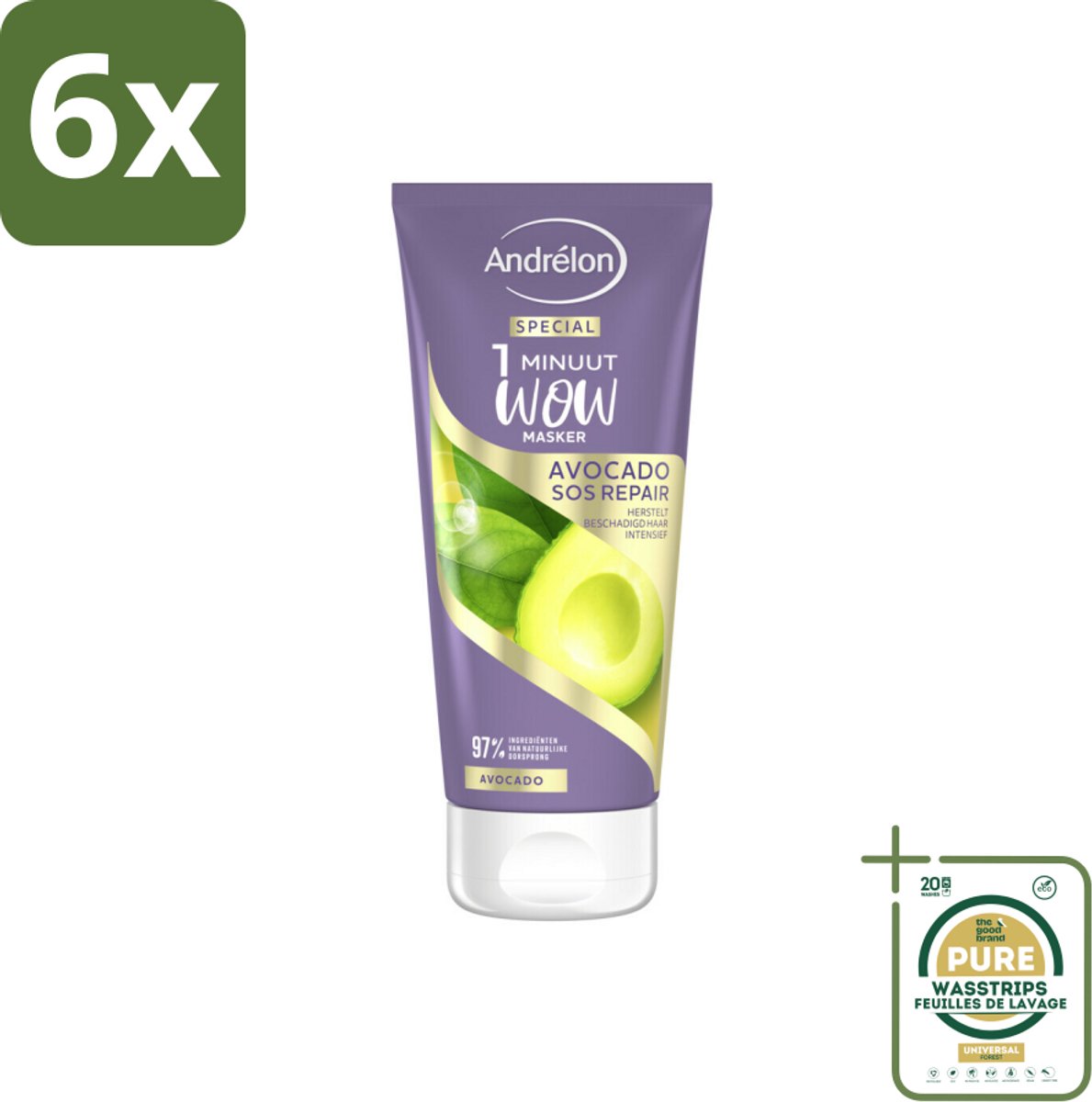 Andrélon 1 Minuut Wow Masker Avocado SOS Repair 180 ml - Voordeelverpakking - 6 stuks - Avocado haarmasker - Haarmasker 1 minuut