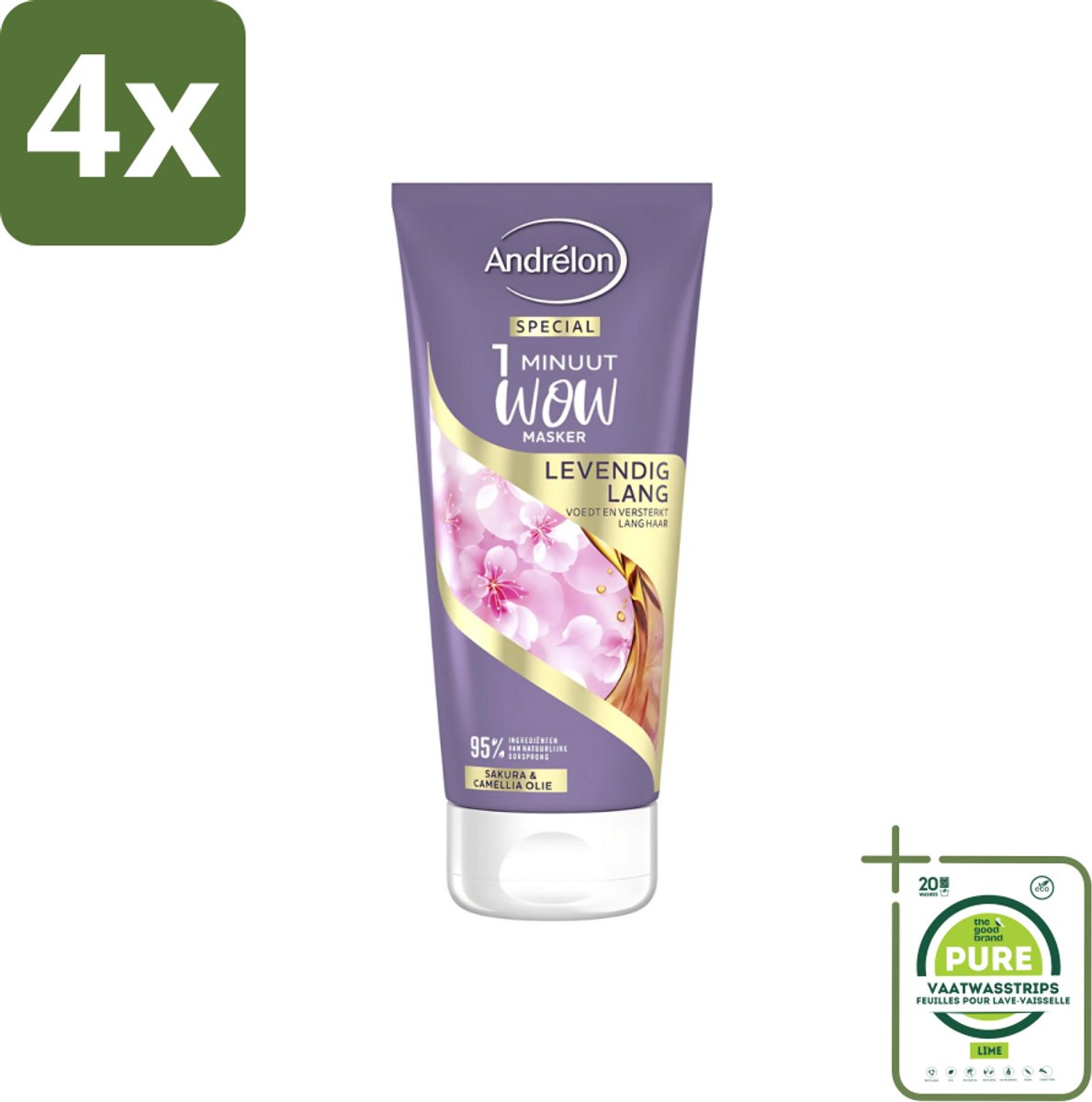 Andrélon - 1 Minuut Wow Haarmasker - Levendig Lang - 180 ml - Voordeelverpakking - 4 stuks - 1 minuut masker - Lang haar masker