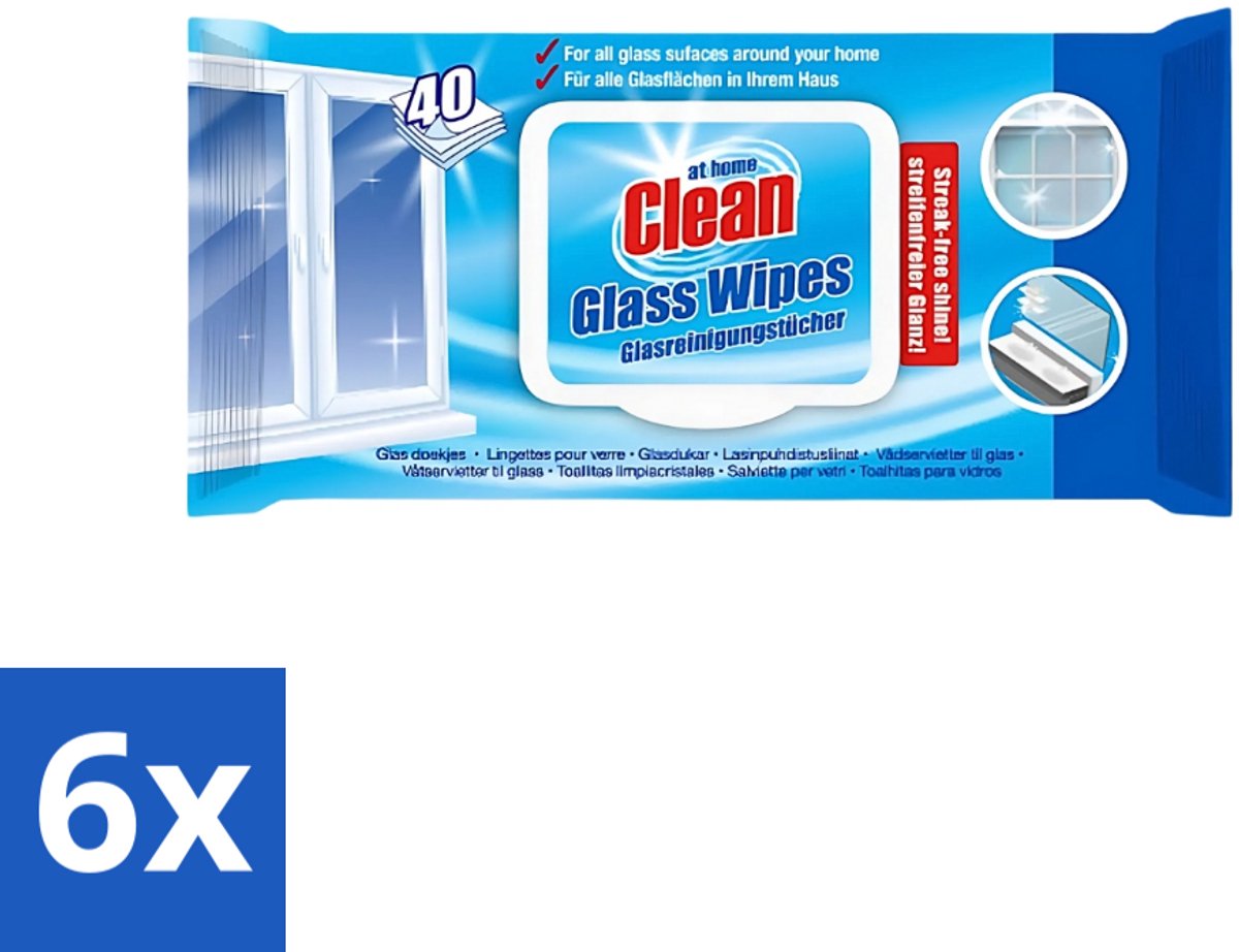 6 x At Home - Clean - Glas Reinigingsdoekjes - Reinigt Streepvrij - 40 Doekjes - Reinigingsdoekjes Glas - Streepvrije Doekjes - Glas Reinigen - Ruiten Reinigen - Spiegels Reinigen