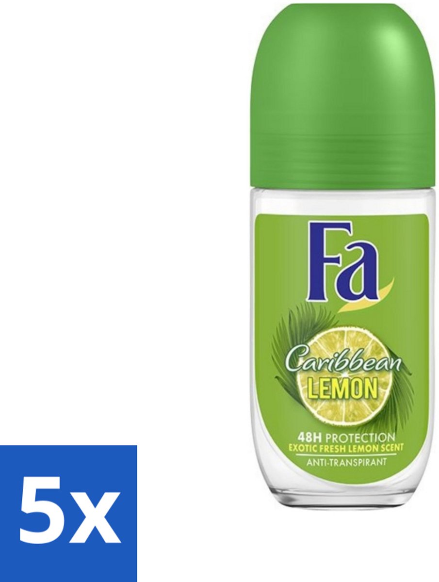 5 x Fa - Deodorant Roller - Caribbean Lemon - Verfrissend - 48 uur Bescherming - Citrusachtig - 50 ml - Deodorant Roll-on - 48 Uur Bescherming - Citrus Geur - Caribische Citroen - Fris