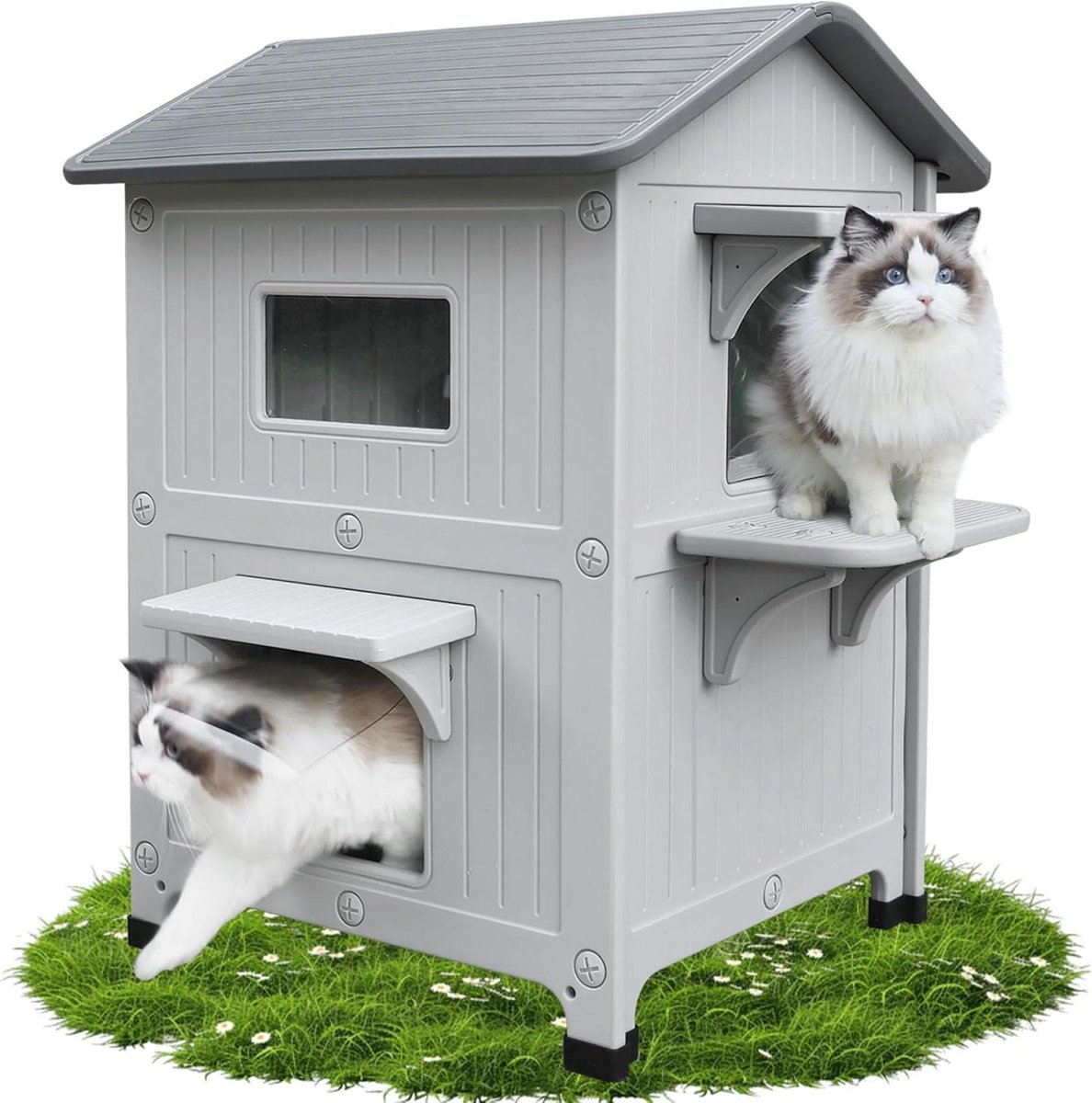 Kattenhuis Buiten - Buitenverblijf Kat - Beschutting Bieden - Twee Verdiepingen - 55x53x86 cm - Grijs