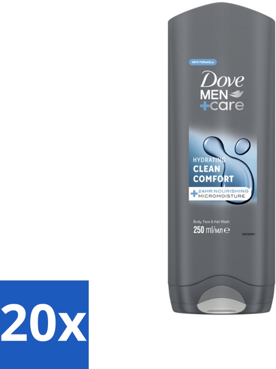 20 x Dove Douchegel Men+ Care Clean Comfort 250 ml - Douchegel - Fris - Energieke Geur - Hydraterende Douchegel - Zachte Huid