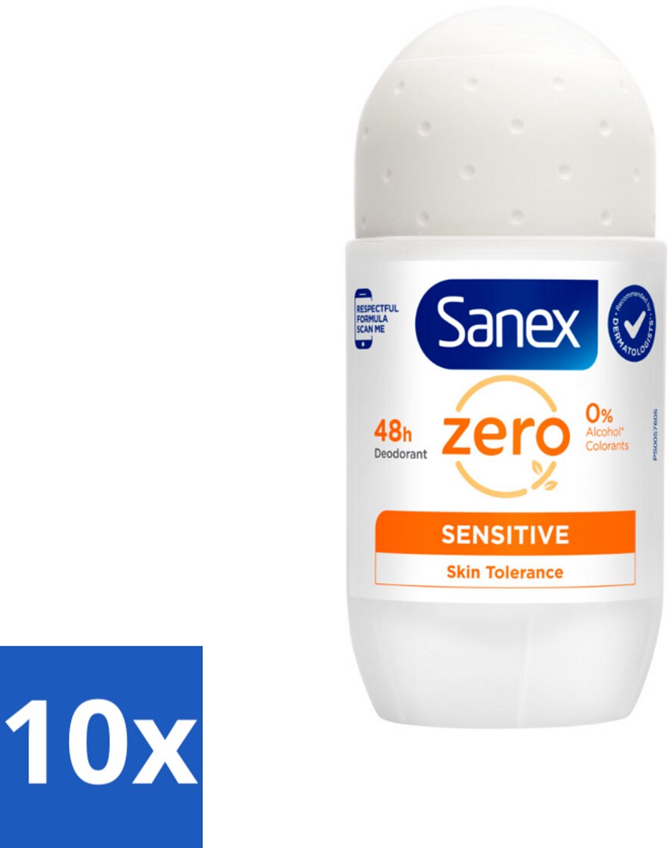 10 x Sanex Deodorant Roller Zero% Sensitive Skin 50 ml - Sanex Deodorant Zero% Sensitive - Alcoholvrije Deodorant - Parabenenvrije Deodorant - Gevoelige Huid - Deodorant Voor Mannen En Vrouwen