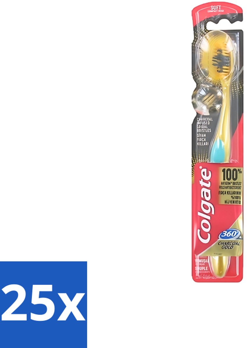 25 x Colgate - Tandenborstel - 360 Charcoal Gold Soft - Zwart/Goud - 1 Tandenborstel - Tandenborstel - Houtskool - Tanden Reinigen - Tanden Witter Maken - Tandenborstel Zacht