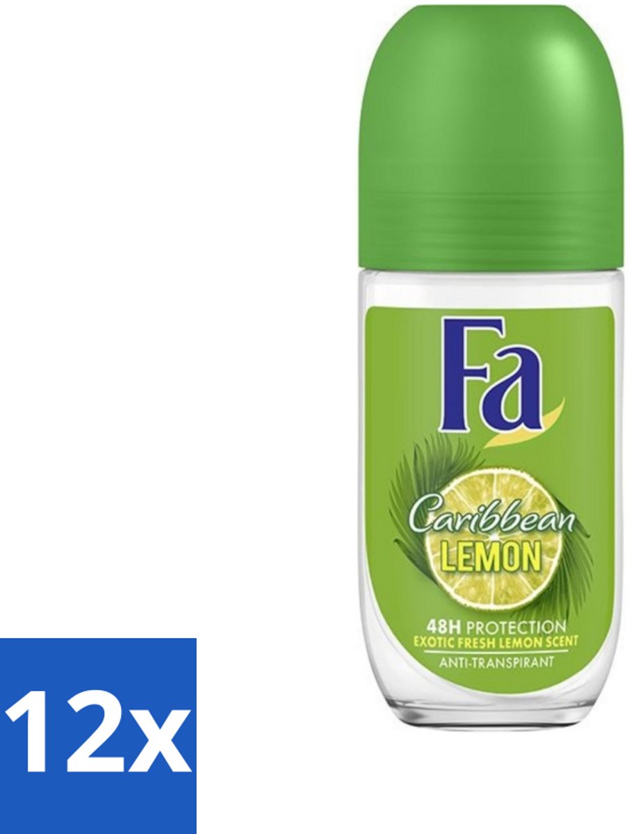 12 x Fa - Deodorant Roller - Caribbean Lemon - Verfrissend - 48 uur Bescherming - Citrusachtig - 50 ml - 48 Uur Bescherming - Caribische Citroen - Deodorant Roll-on - Citrusgeur - Fris