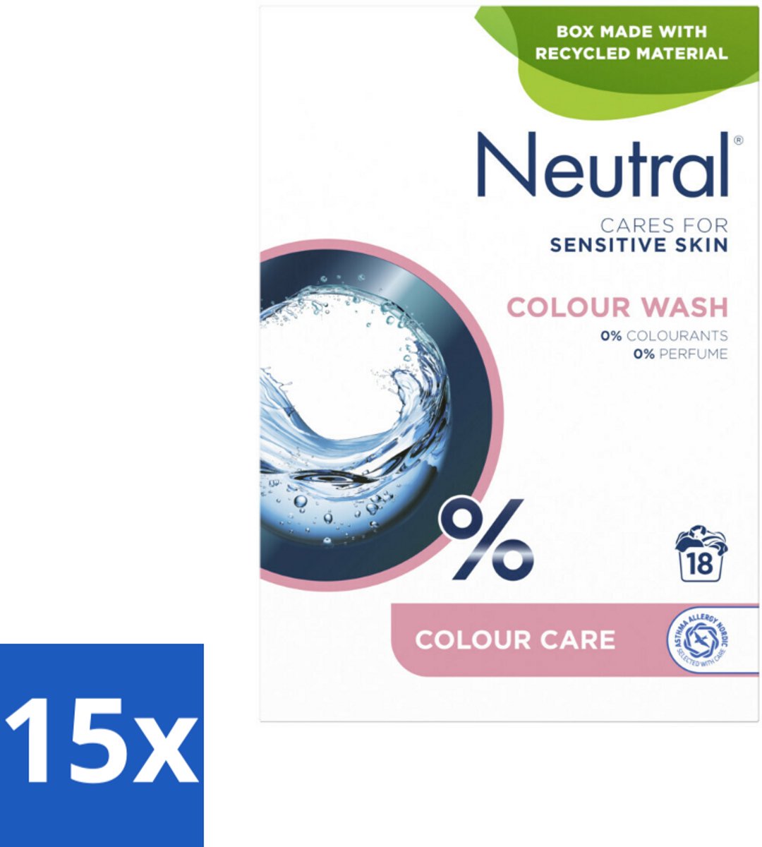 15 x Neutral Waspoeder Kleur 18 Wasbeurten 1,187 kg - Waspoeder - Waspoeder Kleur - Waspoeder Parfumvrij - Waspoeder Gevoelige Huid - Waspoeder 0% Parfum