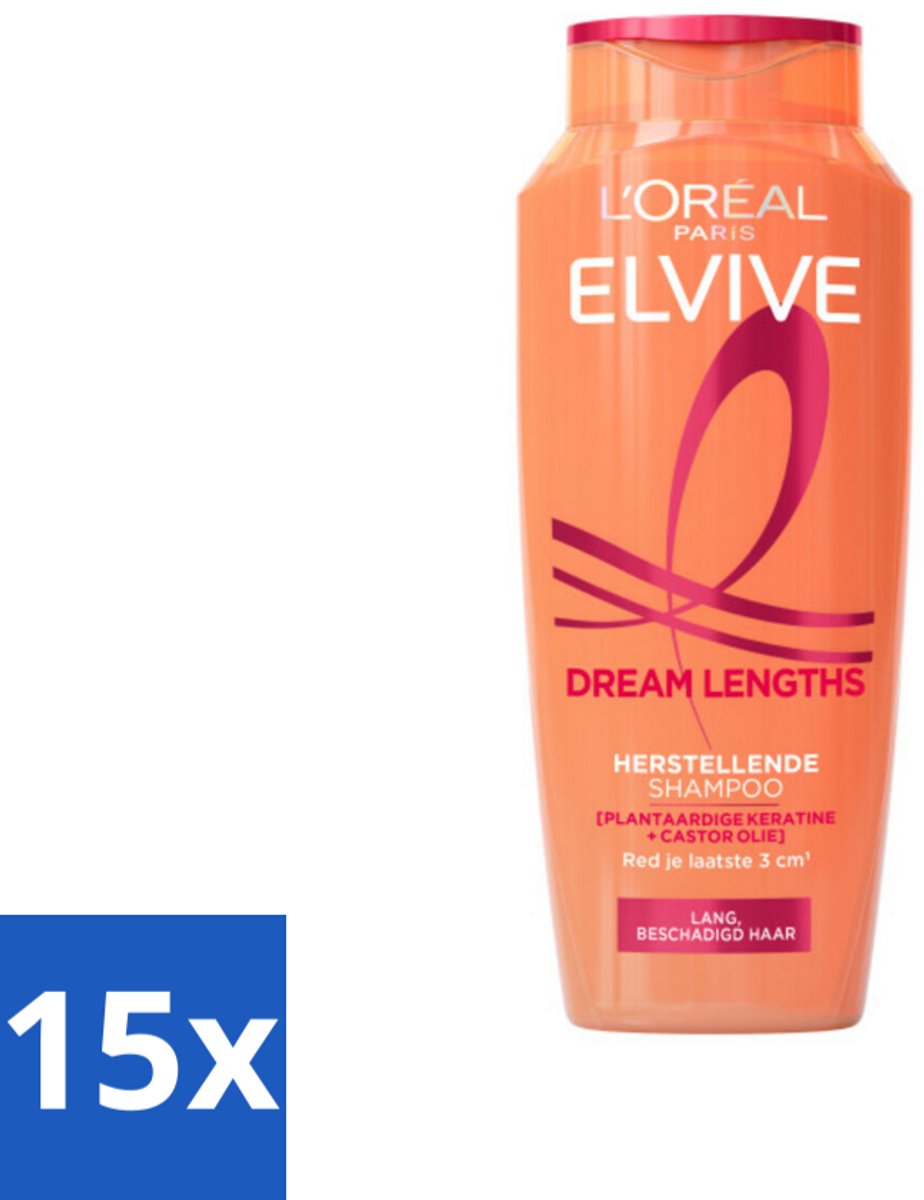 15 x L'Oréal Elvive Dream Lengths Shampoo 250 ml - Lang Haar - Beschadigd Haar - Herstel Shampoo - Keratine Shampoo - Castorolie Shampoo