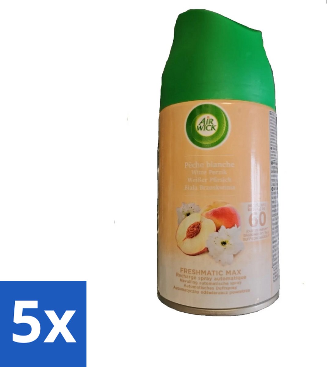 5 x Air Wick - Luchtverfrisser Navulling - Witte Perzik - Automatische Spray - 250 ml - Luchtverfrisser - Geurverspreiding - Witte Perzik - Automatische Spray - Geurintensiteit