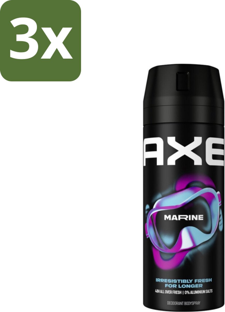3 x Axe - Deodorant Bodyspray - 100% Fresh Fragrance - Marine - Sea Breeze & Sage - 150 ml - Axe Marine - Deodorant Bodyspray - Zeebries - Salie - 48 Uur Geur