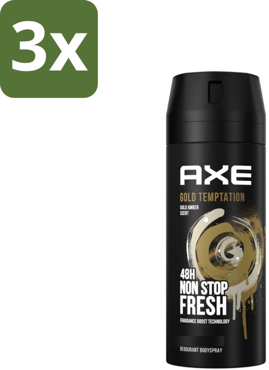 3 x Axe - Deodorant Bodyspray - 48hrs Non Stop Fresh - Gold Temptation - Gold Amber - 150 ml - Deodorant Bodyspray - Frisheid - Geur - Citrus - Kruiden
