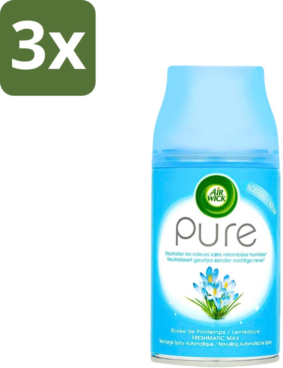 3 x Air Wick Freshmatic Automatische Spray Navulling Pure Lentedauw 250 ml - Luchtverfrisser - Lentedauw - Natuurlijke Geur - Geurverspreider - Geurneutralisatie