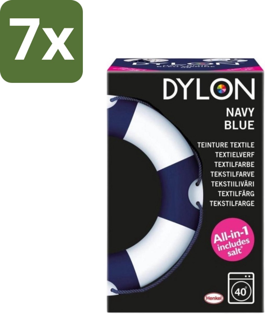 7 x Dylon - Textielverf - Navy Blue - All-in-One - Inclusief Zout - 350g - Textielverf - Kleding Verven - Kleurstof - Katoen Verven - Stof Verven