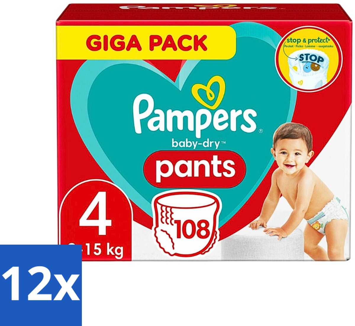12 x Pampers - Baby-Dry Pants - Luierbroekjes - Maat 4 (9-15 kg) - Comfort Fit - 108 Luiers - Pampers Luierbroekjes - Baby Luier - Luier Maat 4 - Luierbroekjes 9-15 Kg - Luierbroekjes Comfort Fit