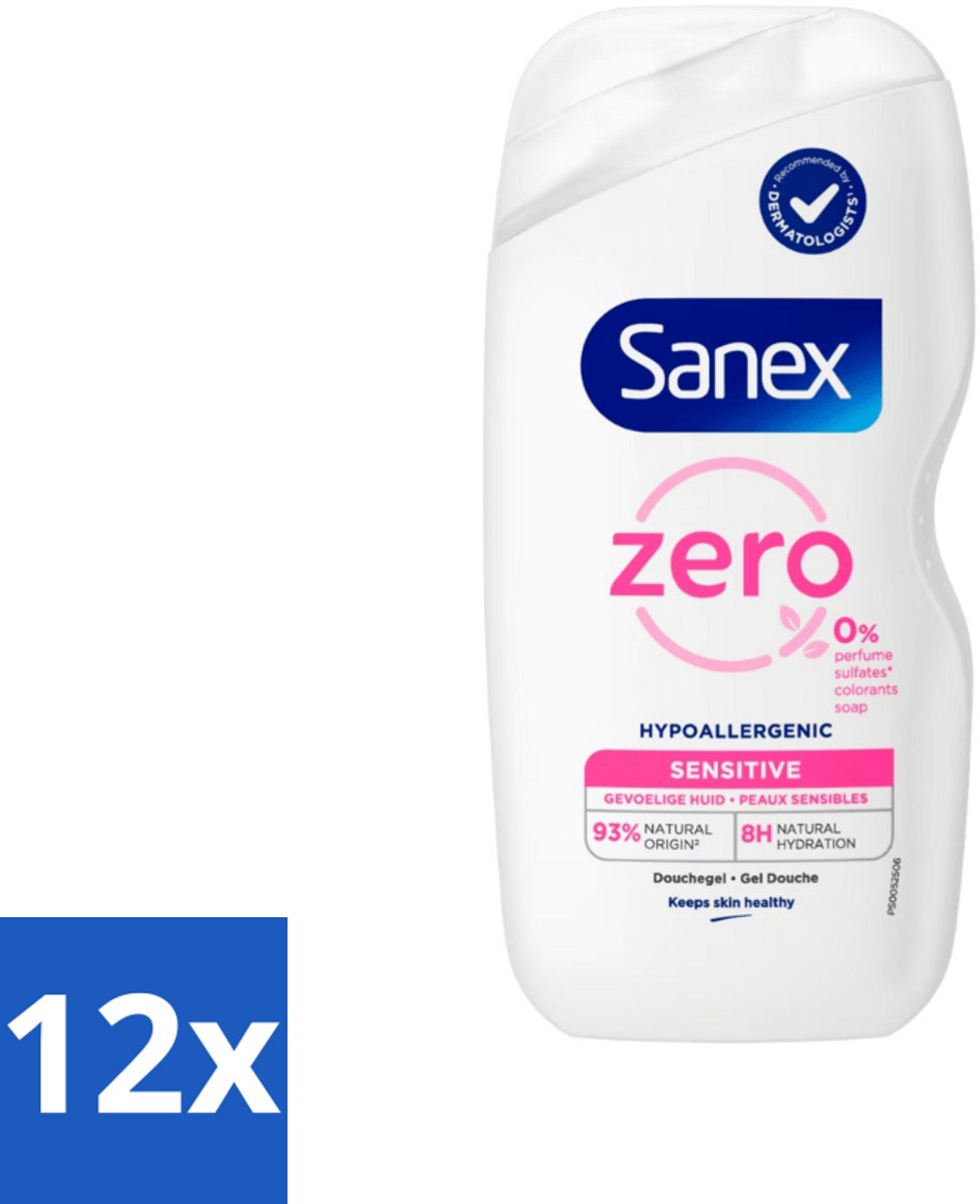 12 x Sanex Zero% - Douchegel - Gevoelige Huid - 0% Parfumsulfaten - Hypoallergeen - 400 ml - Douchegel - Gevoelige Huid - Hypoallergeen - Sanex - Parfumvrij