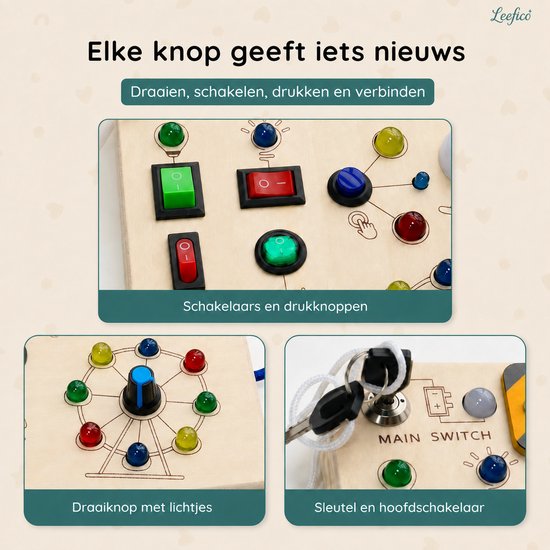 Leefico Montessori Busy Board - Activiteitenbord voor Peuters - Sensorisch Speelgoed - Houten Speelgoed voor Peuters en Kleuters van Leefico — afbeelding 3