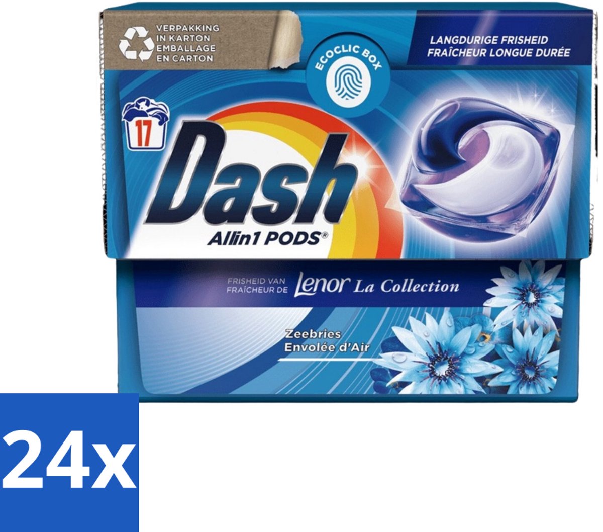 24 x Dash - Lenor Collectie - Wasmiddel Capsules - All-in-1 Pods - Witte en Gekleurde Was - Zeebries - 17 Wasbeurten - Wasmiddel Capsules - Waspoeder - Lenor - Zeebries - Wasverzachter