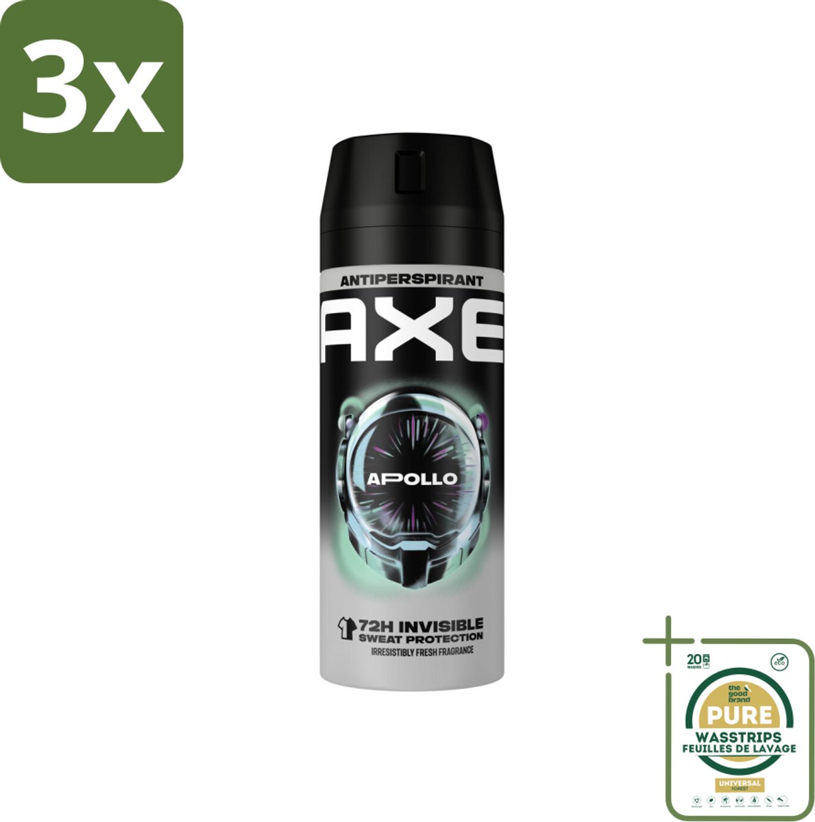 3 x Axe - Deodorant Spray - 72hrs Anti Sweat - Apollo - 150 ml - Grootverpakking - Anti Transpirant Spray - Zweetbestendig - 72 Uur Bescherming - Geur Groen Fruit - Geur Sandelhout