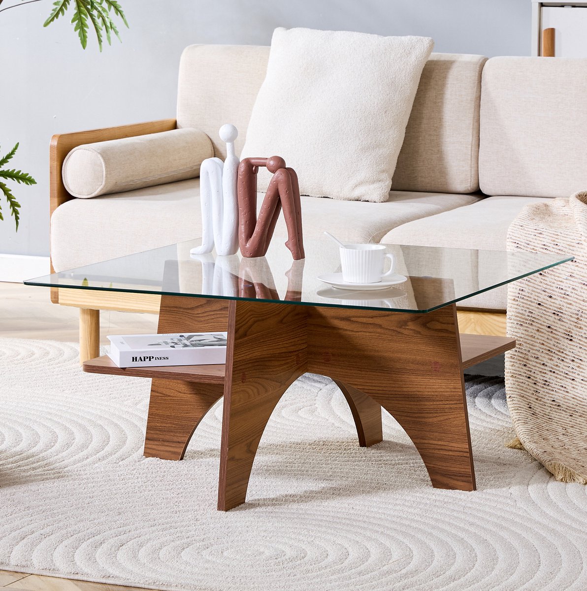 Vierkante Salontafel Van Veiligheidsglas Met MDF Onderstel In Walnootlook Voor Woonkamer En Kantoor 80 X 80 X 40 Cm