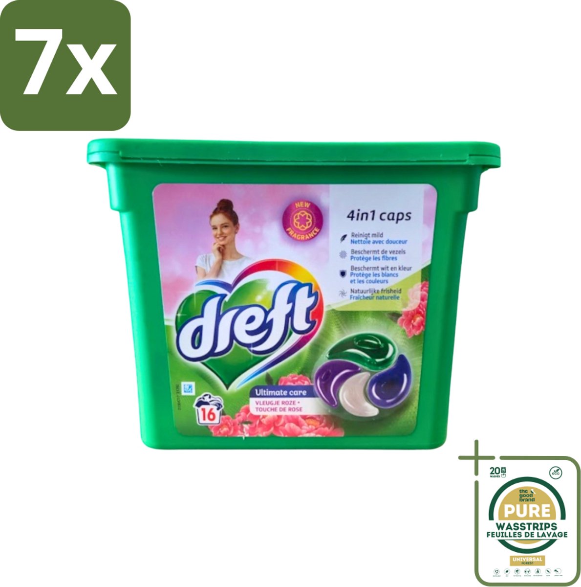 7 x Dreft - Wasmiddelcapsules 4in1 - Witte en Gekleurde Was - Vleugje Roze - 16 Wasbeurten - Grootverpakking - Wasmiddelcapsules - Was - Kleurenbeschermer - Vlekkenverwijdering - Frisse Geur