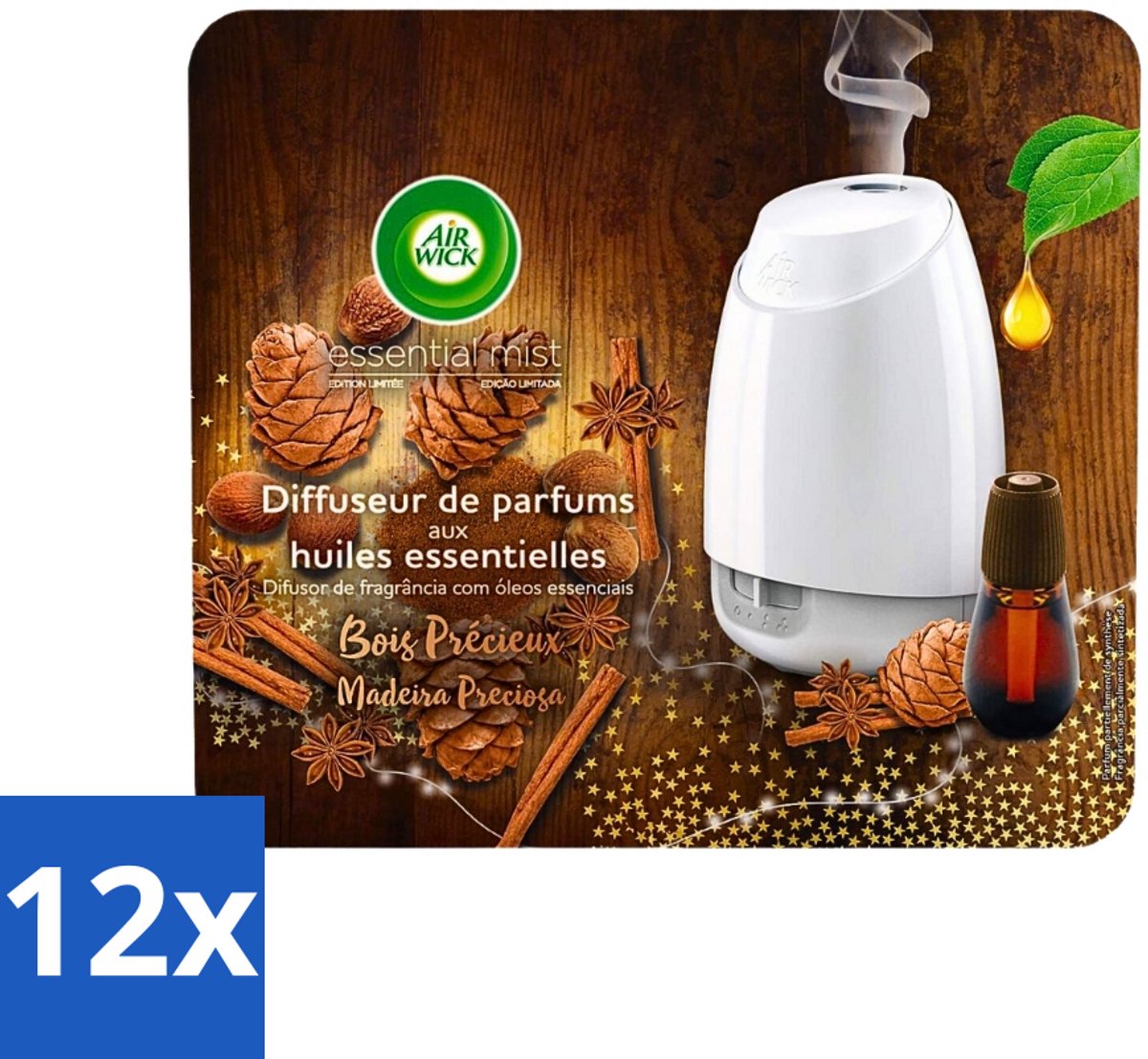 12 x Air Wick Essential Mist - Starterkit - Edelhout - 20ml - Geurverspreider - Essentiële Oliën - Kostbaar Hout - Geurdiffuser - Luchtverfrisser