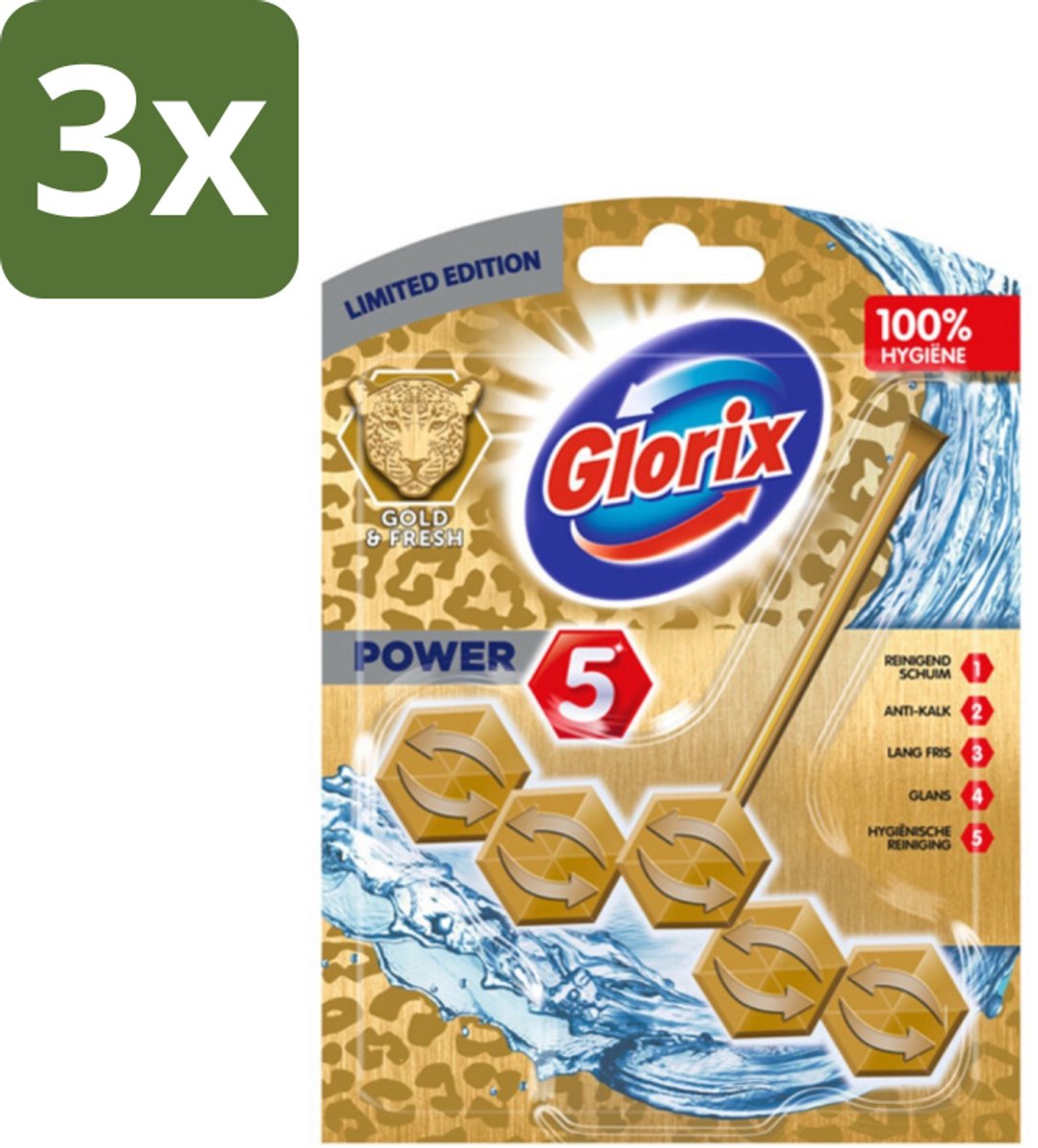3 x Glorix - Power 5 - Toiletblok - Gold & Fresh - Limited Edition - Langdurige Frisheid - 1 Blok - Toiletblok - Hygiëne - Frisheid - Kalkverwijdering - Luxe Geur