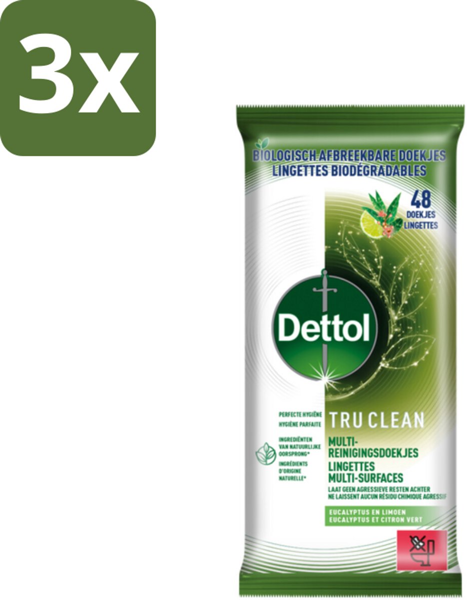 3 x Dettol Reinigingsdoekjes Tru Clean Eucalyptus & Lime 48 stuks per verpakking - Dettol Tru Clean - Reinigingsdoekjes - Eucalyptus En Limoen - Biologisch Afbreekbaar - Huishoudelijke Reiniging