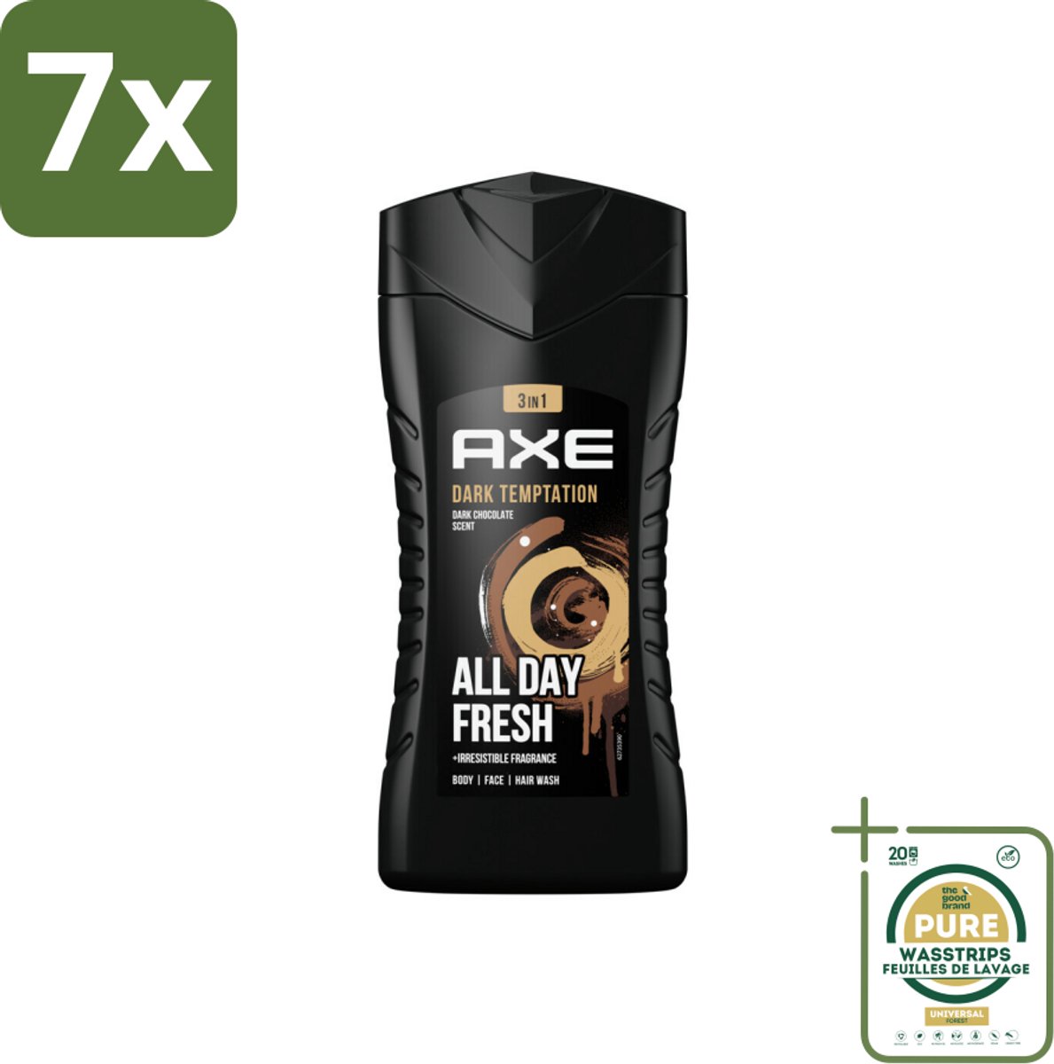 7 x Axe - 3-in-1 Douchegel - Dark Temptation - Dark Chocolate - 12hrs Long Lasting Scent - 250 ml - Grootverpakking - Douchegel - Geur - Lichaam - Gezicht - Haar