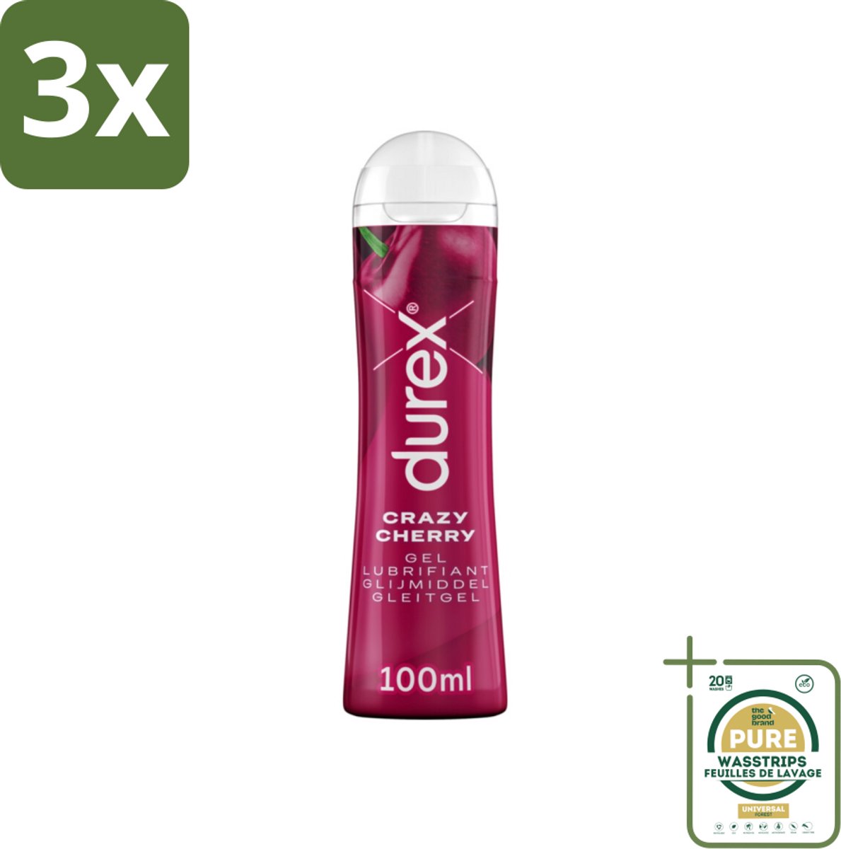 3 x Durex - Crazy Cherry - Glijmiddel - 100 ml - Grootverpakking - Lubrikeren - Intimate Gebruik - Waterbasis - Anal Seks - Orale Seks