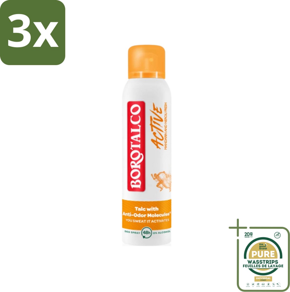 3 x Borotalco - Deodorant Spray - Active - Mandarin & Neroli Fresh - 0% Alcohol - 150 ml - Grootverpakking - Deodorant Spray - Mandarijn En Neroli - Geur - Transpiratie - Geurvervoeging