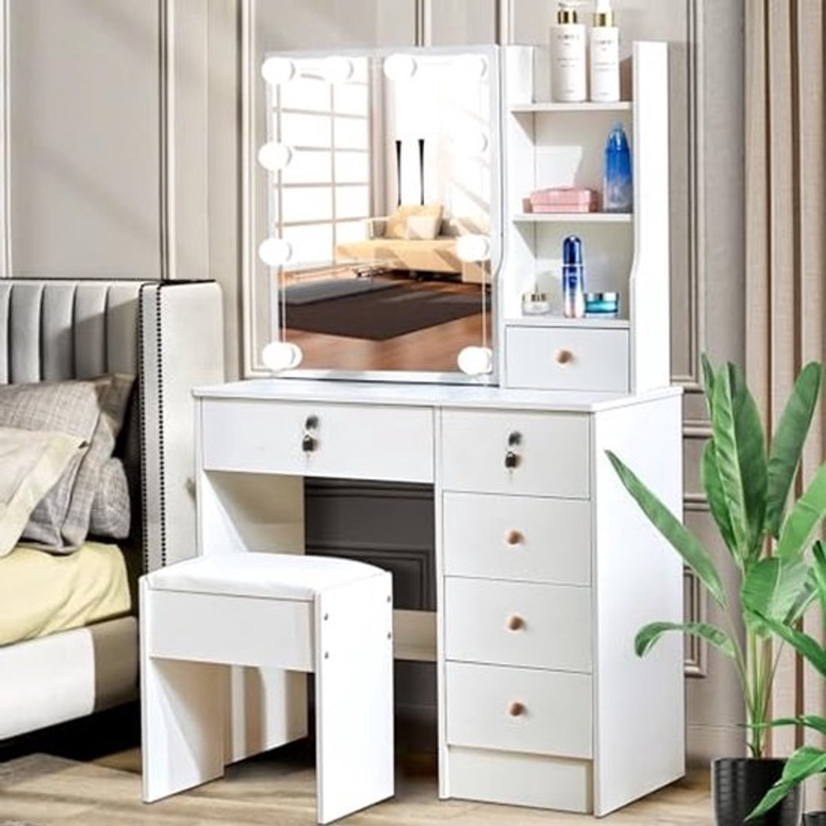 Kaptafel met Spiegel en LED Verlichting - Modern Wit met 6 Lades en Planken, 80x36x131cm