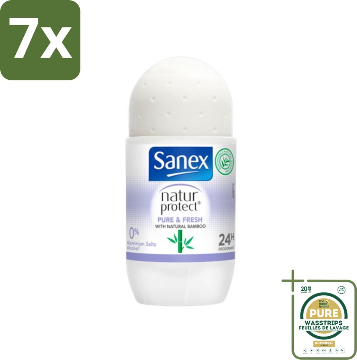7 x Sanex Natur Protect - Deodorant Roller - Puur & Fris - Met Nattuurlijke Bamboo - 50 ml - Grootverpakking - Natuurlijke Deodorant - Bamboe Deodorant - Fris Gevoel - Vochtabsorberend - Aluminiumvrij