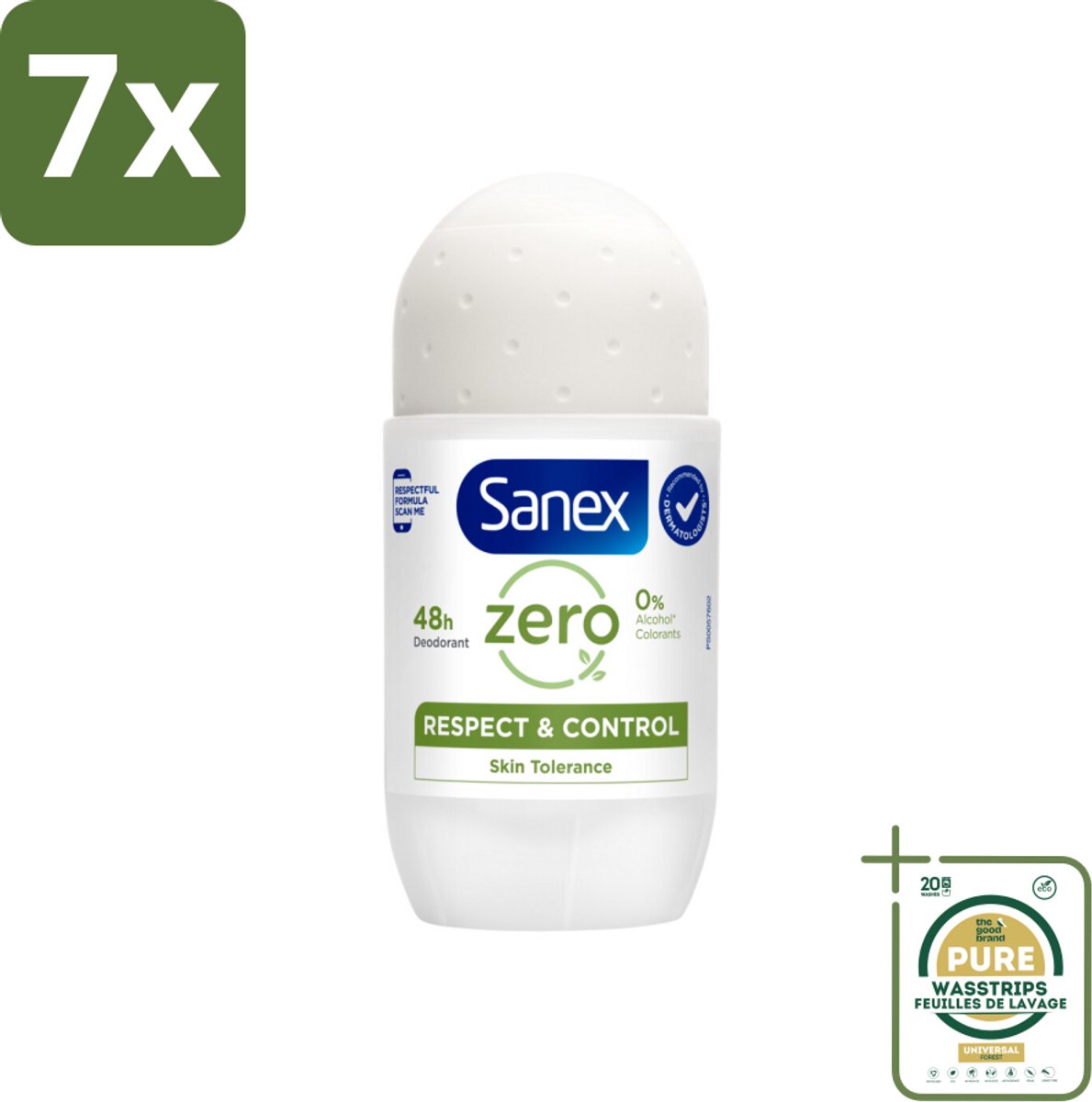 7 x Sanex Deodorant Roller Zero% Normal Skin 50 ml - Grootverpakking - 24 Uur Deodorant - Aluminiumzouten Vrij - Alcohol Vrij - Huidvriendelijk - Gevoelige Huid