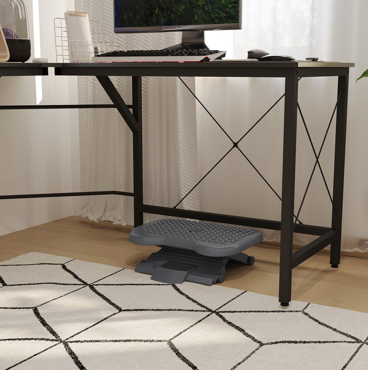 REDOM - Voetenbankje - Verstelbare voetsteun - Kantelbare voetplaat met massage-oppervlak - Modern - Kantoor - Kunststof - Donkergrijs - 46 x 35 cm
