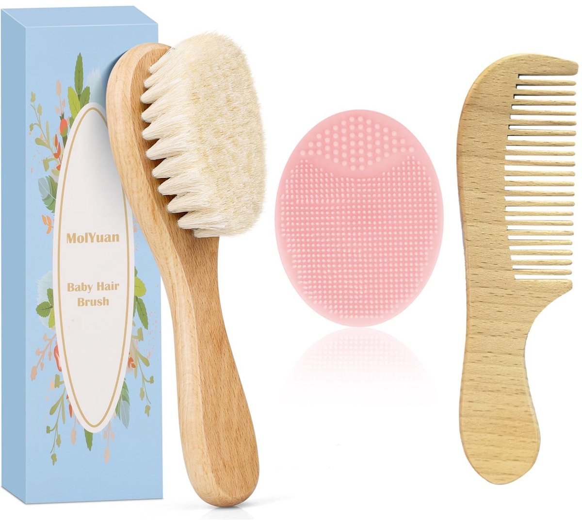 Elzusha - Set van 3 Baby Haarborstels en Kam met Geitenhaar en Silicone