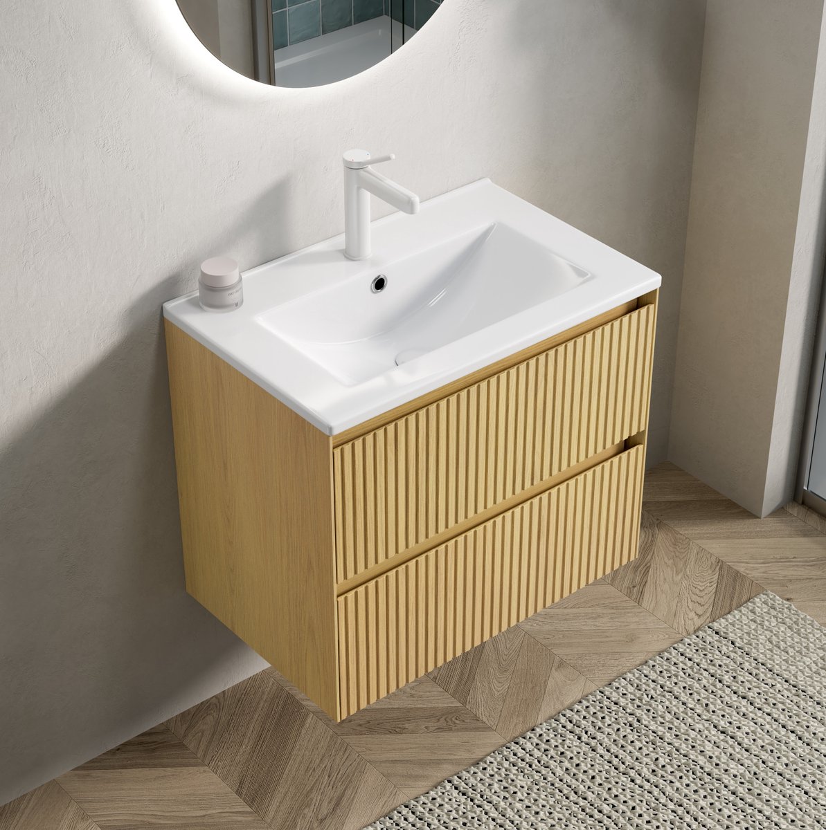 STILVORA Badkamermeubel - Hangend Wastafelmeubel Met Keramische Wastafel En 2 Soft-Close Lades - Voor Compacte Badkamer - Houtlook Wit - 61 Cm
