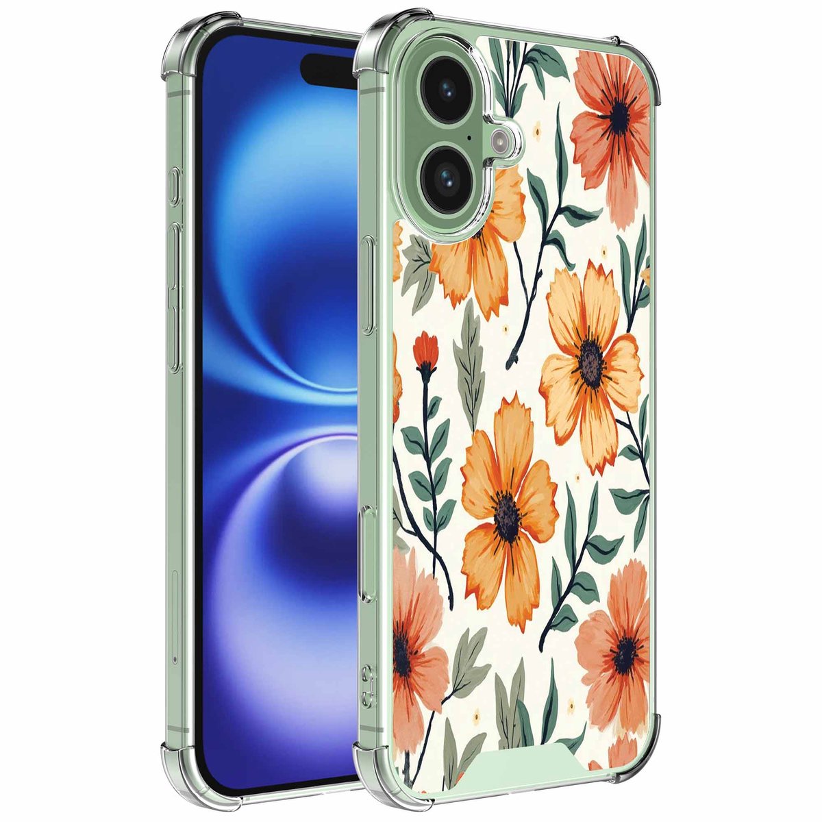 Smartphonica Geschikt voor iPhone 16 Telefoonhoesje met Oranje Bloemen opdruk - Draadloos op te laden - Shockproof Siliconen TPU Strong Case - Sterk Schokbestendig Telefoonhoesje geschikt voor iPhone 16