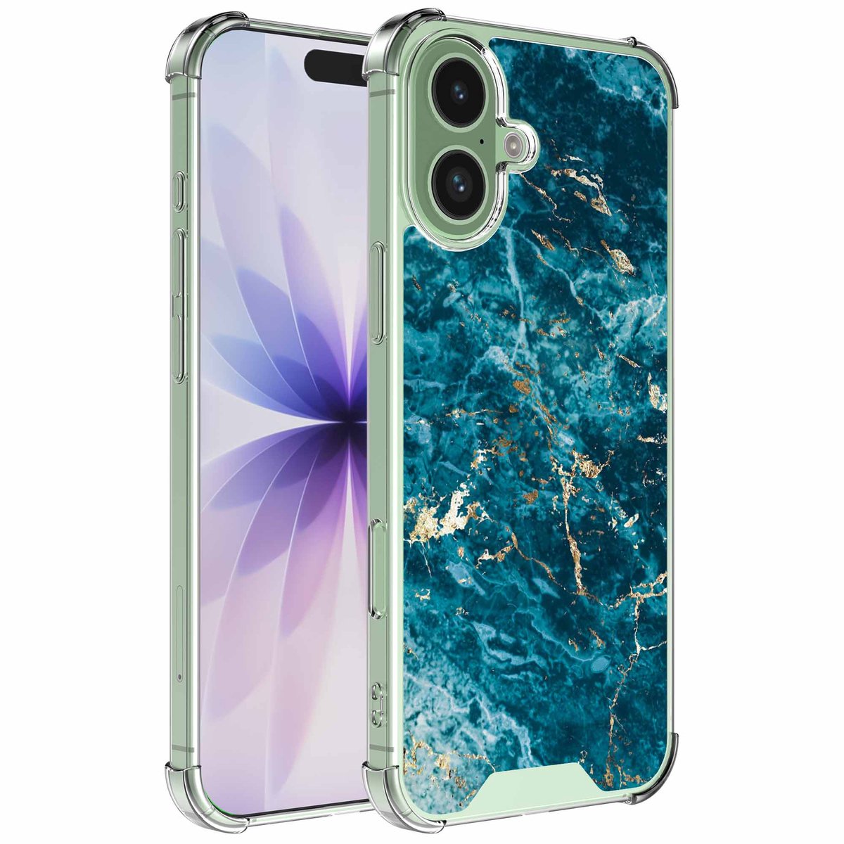 Smartphonica Geschikt voor iPhone 17 Telefoonhoesje met Blauw Goud Marmer opdruk - Draadloos op te laden - Shockproof Siliconen TPU Strong Case - Sterk Schokbestendig Telefoonhoesje geschikt voor iPhone 17