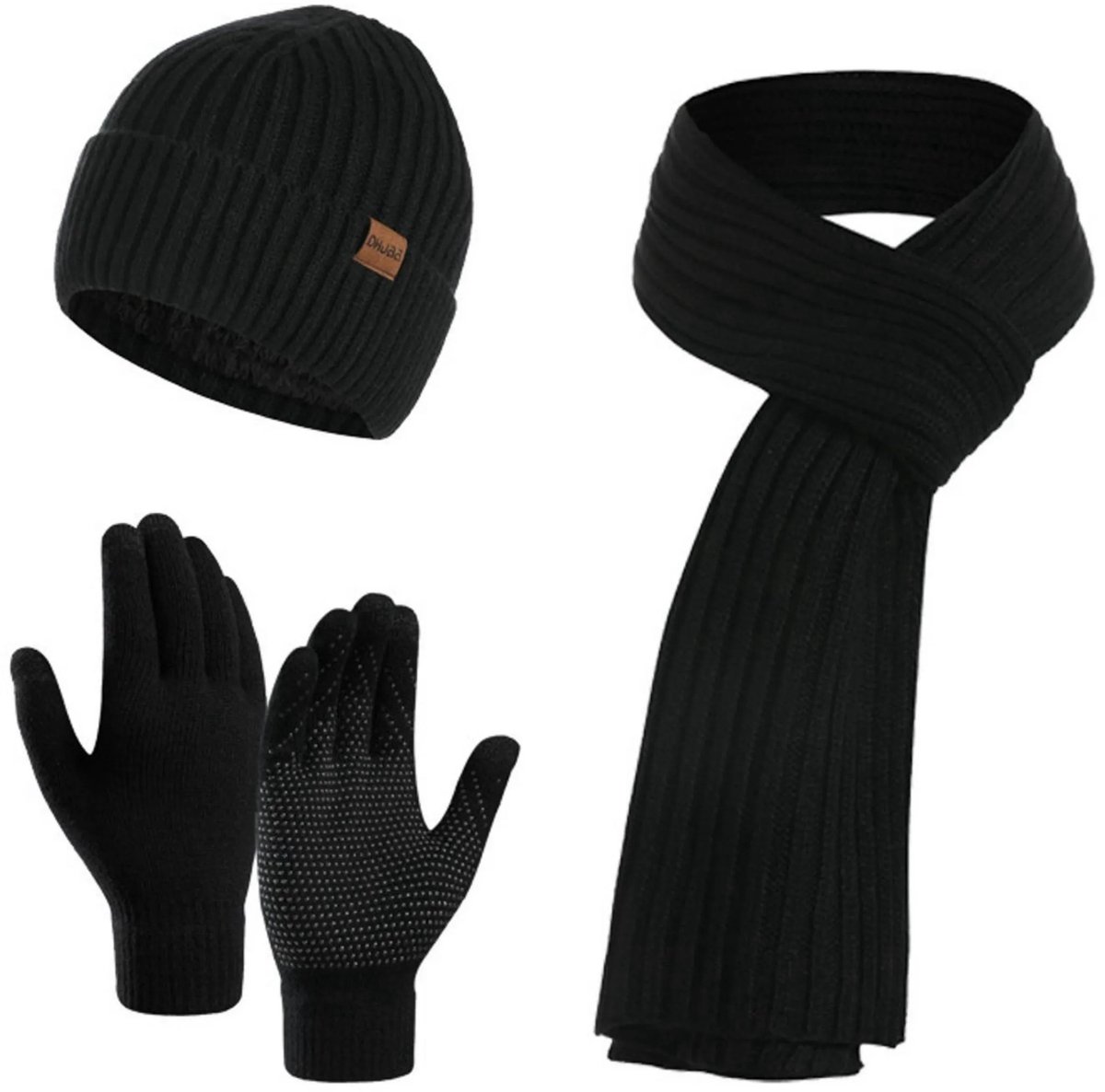 casalora - Drie-delige winterset (Muts, Sjaal, Touchscreen Handschoenen) - Met Fleece Binnenvoering & Opgezette Boord - Premium Gebreid - Unisex - Warm - Zwart - Voor Dames en Heren - Cadeau