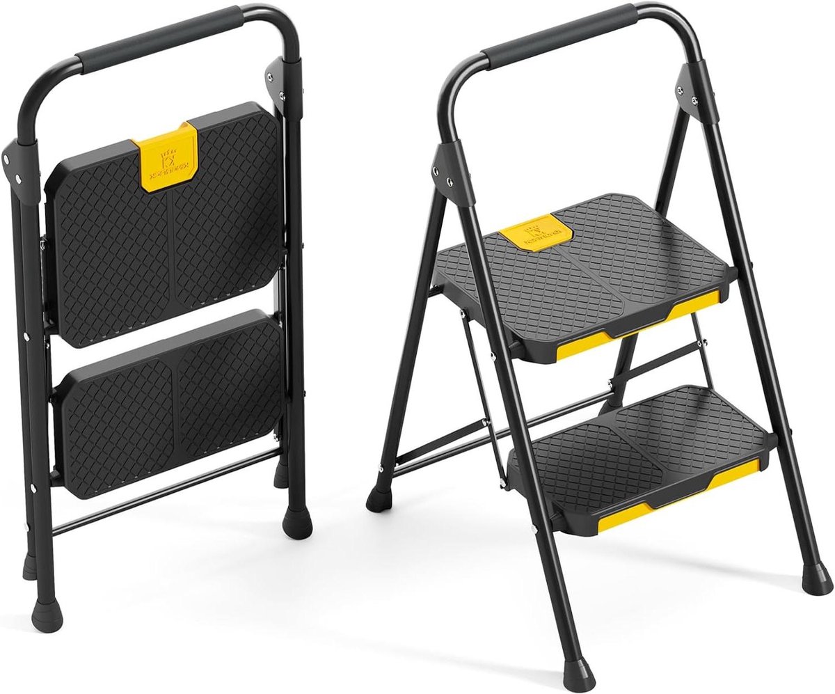 Trapladder 2 treden - Vouwladder opstapkruk - Huishoudelijke klussen - Brede antislip pedalen - 360kg capaciteit - Zwart