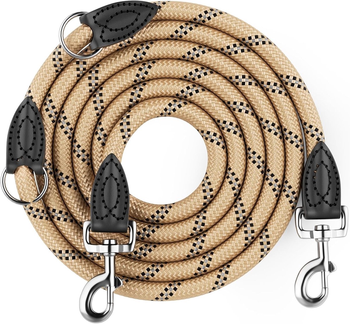 Verstelbare Hondenriem voor Grote en Middelgrote Honden, Robuuste Dubbele Trekkoord met 6 Lengtes en Comfortabele Grip in Beige