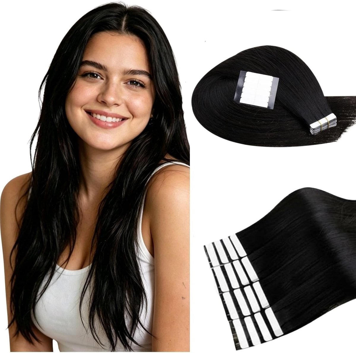 Tape Extensions van Menselijk Haar in Natuurlijk Zwart - 10 Inch/25cm, 20 Stuks, 30g, Ideaal voor Volumineuze Haarstijl
