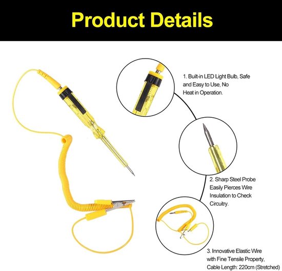 Diagnosetool voor elektrische circuits, DC 6V, 12V, 24V, met kabelspoel en testlamp voor eenvoudig gebruik — afbeelding 3