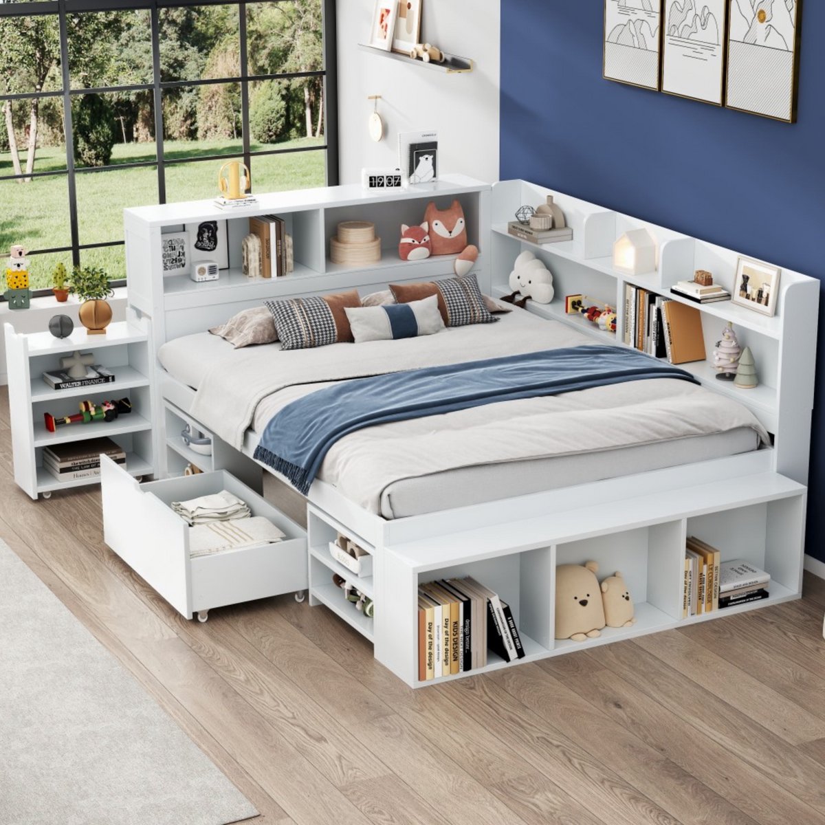 Multifunctioneel kinderbed 140x190 cm - met opberglades en legplanken - eenpersoons - wit - stevige lattenbodem inbegrepen