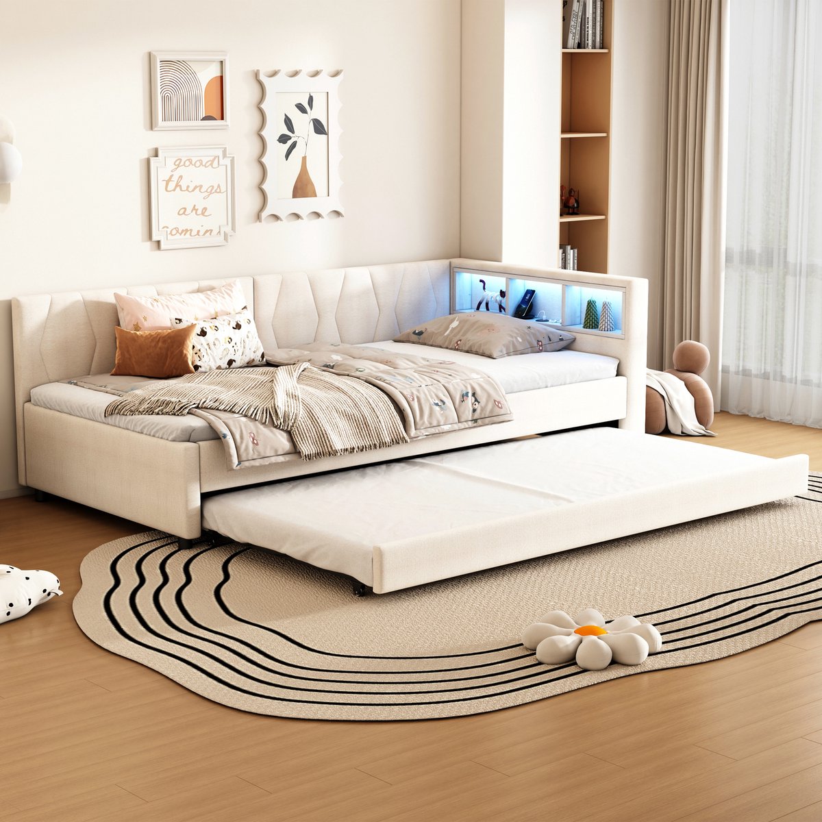 Dagbed met uitschuifbed en opberging - multifunctioneel slaapbank - 90x200 cm + 90x190 cm - beige - met USB-A, USB-C en LED - opbergvakken aan hoofdeinde - inclusief lattenbodem