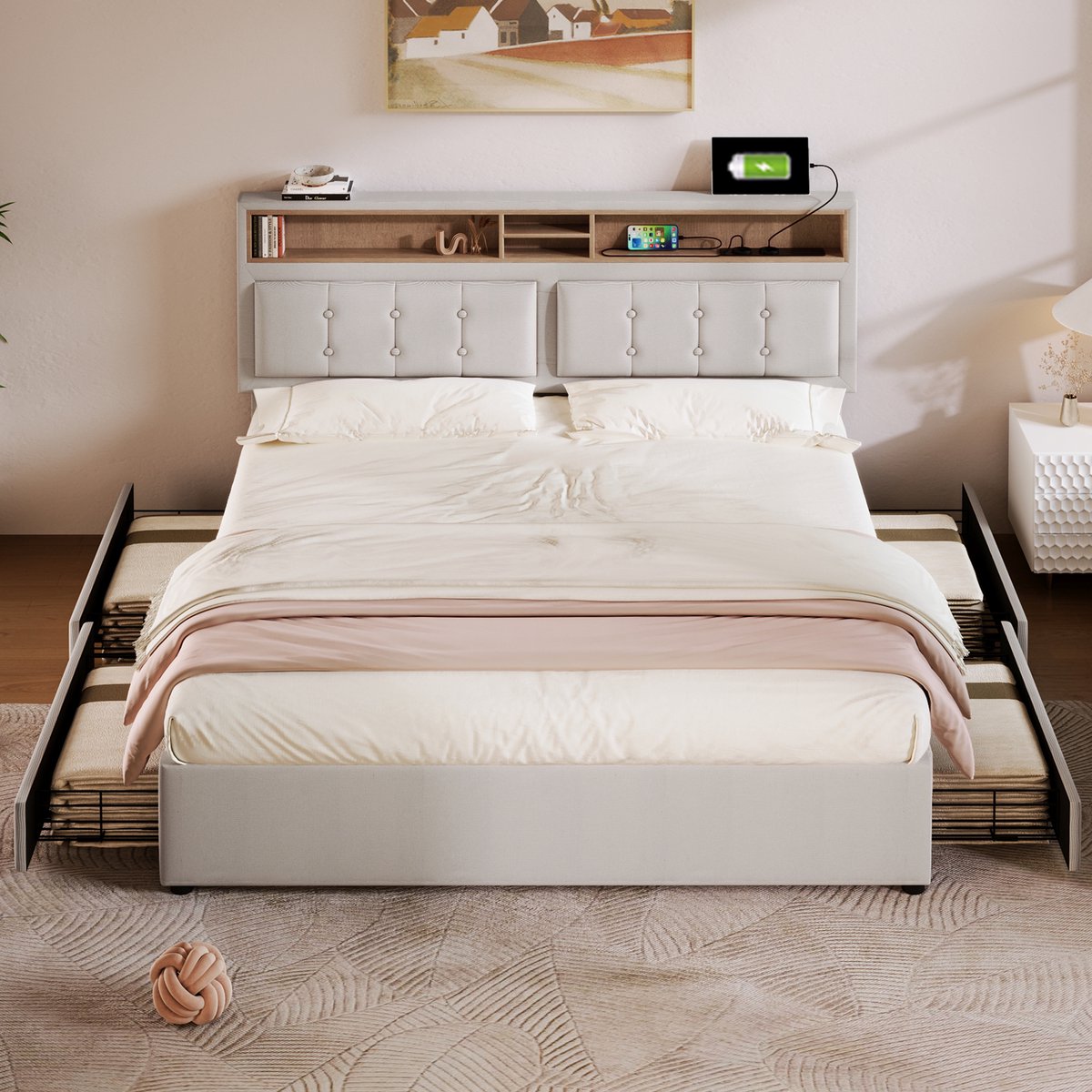 Gestoffeerd opbergbed met USB-C en stopcontact - 4 lades en opbergvakken in hoofdeinde - 140x200 cm voor 2 personen - Lichtbeige - 12 cm verstelbaar hoofdeinde - Incl. massief houten lattenbodem