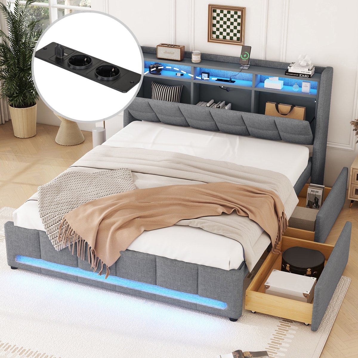 Gestoffeerd bed 140x200 cm - App-gestuurde LED-verlichting, lades met stopcontact en USB - 2 personen - Grijs linnen - Ingebouwd opbergvak in hoofdeinde