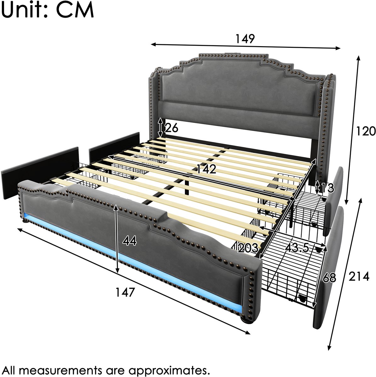 Gestoffeerd bed 140x200 cm - tweepersoons met 4 opberglades, LED en USB-C - grijs fluweel - vintage design met klinknagels en 60000 LED-kleuren - lattenbodem inbegrepen