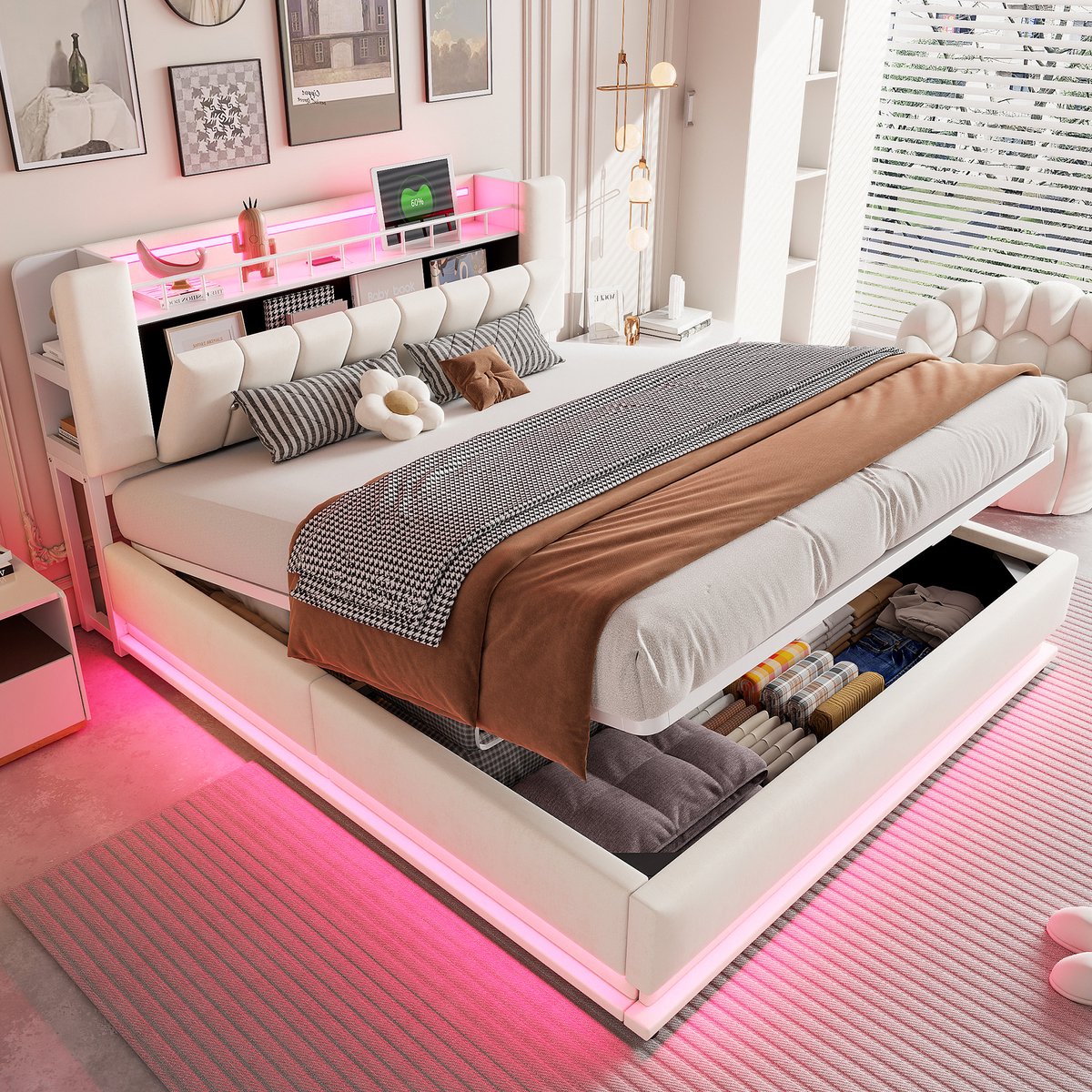 Gestoffeerd bed 180x200 cm - met LED-verlichting, USB en hydraulische opbergruimte - tweepersoons - beige - zacht fluweel - metalen frame met 24 latten - tot 300 kg