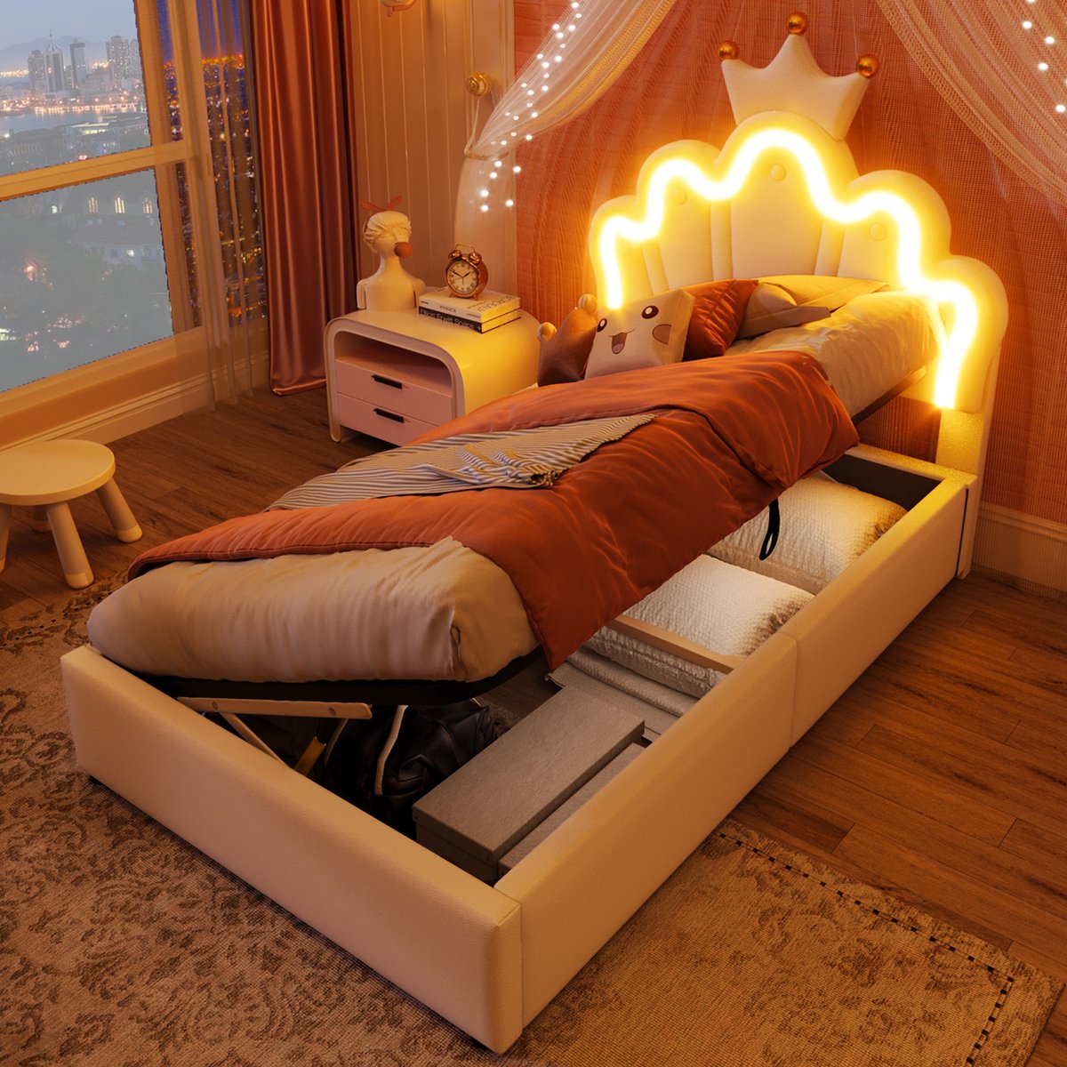 Prinsessenbed 90x200 cm - eenpersoons kinderbed met kroonhemel - wit PU-leder - instelbare LED-sfeerverlichting - ruime hydraulische opbergruimte - verstelbaar hoofdeinde