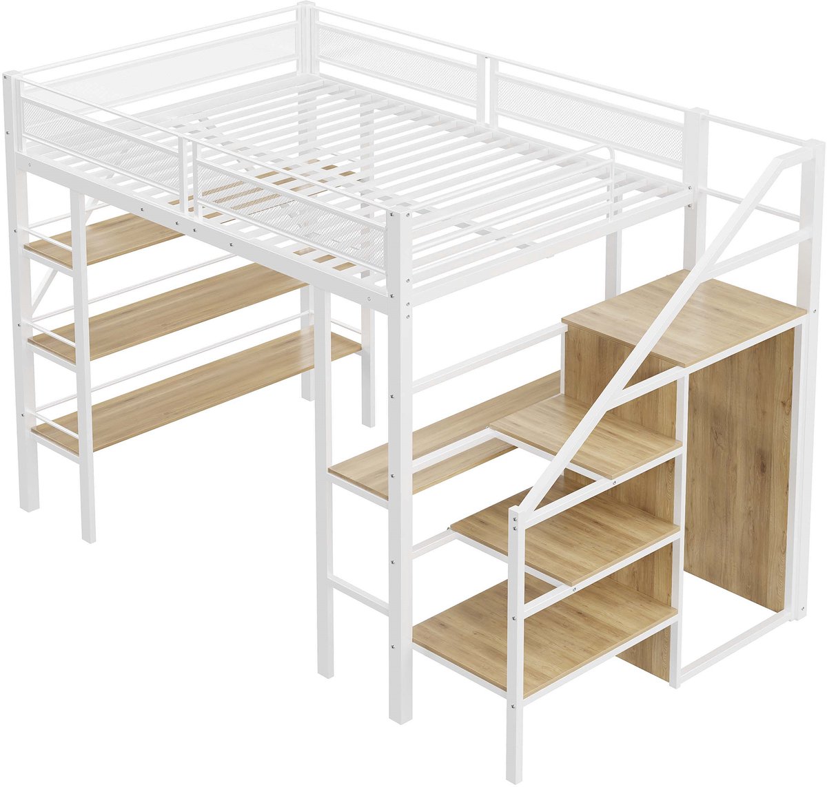 Hoogbed 140x200 cm met bureau, kledingkast en opbergrekken - wit - drielaags open rek - veiligheidstrap met opbergvak - hoog hekwerk - stevig ijzeren frame